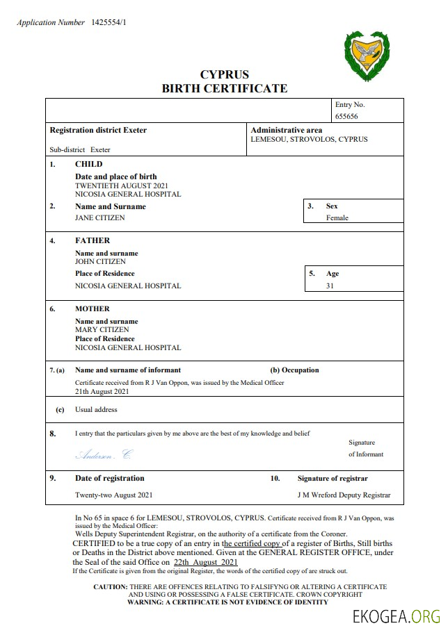 Modèle Word et PDF d'acte de naissance à Chypre